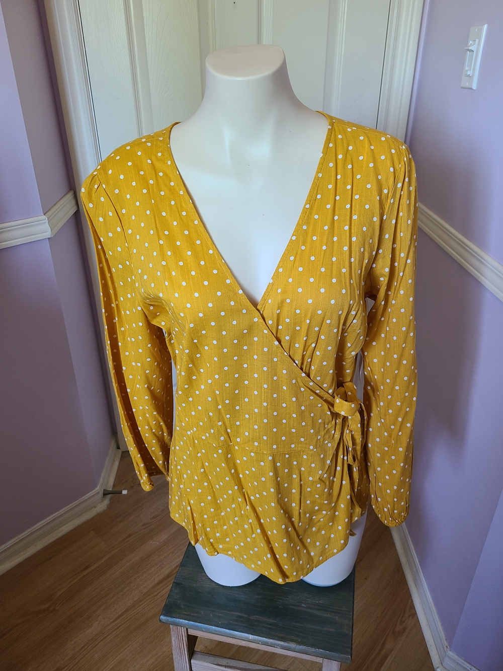 Old Navy Mustard Yellow Polka Dot Wrap Blouse